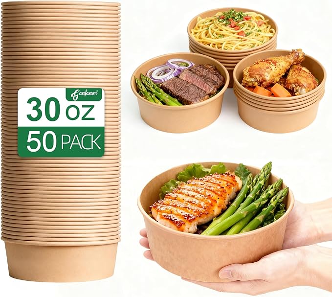 Disposable Round Paper Bowls with Lid 30 oz,50 Sets Microwave Deli Containers Leakproof Acai Bowls, Salad Bowl with Lid for Lunch, Disposable bowls with lids for Soup Toppings Snack Camping Family