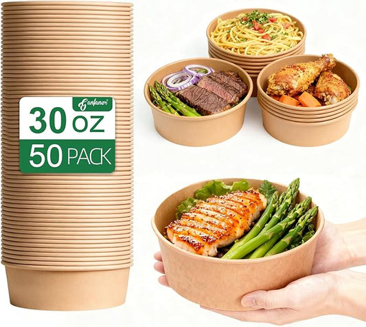 Disposable Round Paper Bowls with Lid 30 oz,50 Sets Microwave Deli Containers Leakproof Acai Bowls, Salad Bowl with Lid for Lunch, Disposable bowls with lids for Soup Toppings Snack Camping Family