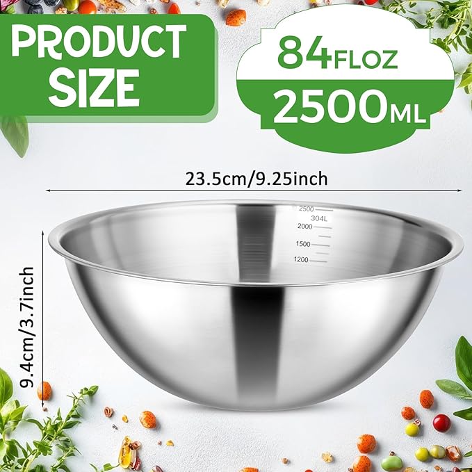 Honeydak 6 Pcs 304 Stainless Steel Mixing Bowls with Graduations, Salad Bowls Metal Serving Reusable Baking Food Storage Containers for Baking Cooking Salads Soups Ice Cream Noodles (84 oz)