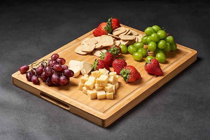 Bamboo Wood Cutting Boards for Kitchen, 1" Thick Charcuterie Boards, Butcher Block with Juice Grooves & Handles