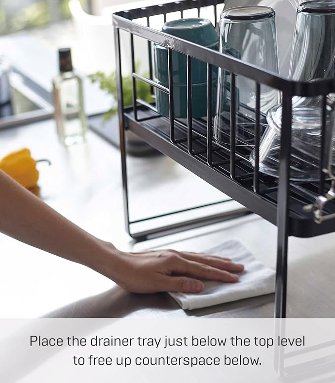 YAMAZAKI Home Tower Two-Tier Adjustable Dish Drainer Rack, Compact Drying Rack with Hooks, Utensils Holder - Steel -