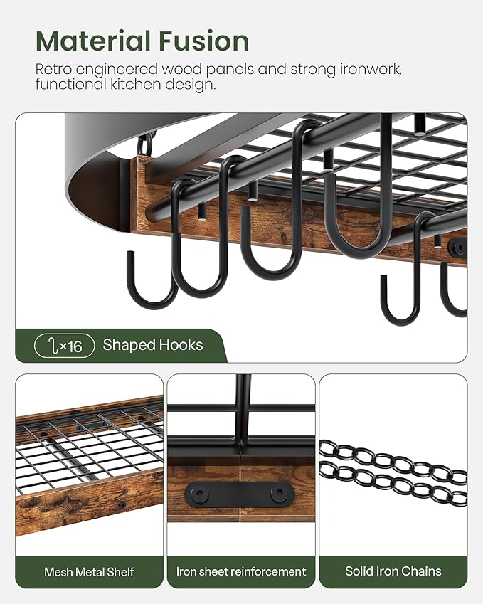 31.7-Inch Hanging Pot Rack, Space-Saving Pot Hanger for Kitchen, Ceiling Pan Hanging Rack with 16 Detachable S Hooks, Sturdy Metal Frame, Industrial Style, Rustic Brown and Black TPR09BF