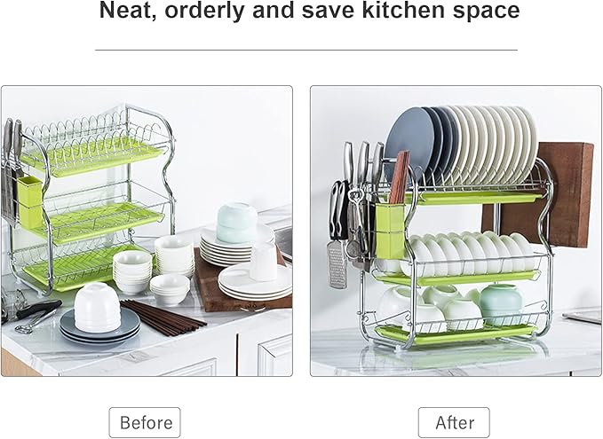 3 Tier Dish Racking System with Removable Drain Board - Sturdy Steel Kitchen Counter Organizer for Efficient Drying and Utensil Storage