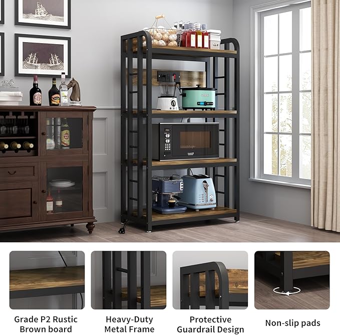 Bakers Rack with Power Outlet ，4-Tier Kitchen Baker's Rack,Microwave Stand with Storage Suitable for Kitchen, Living Room, Dinning Room，Coffee Bar(Rustic Brown)