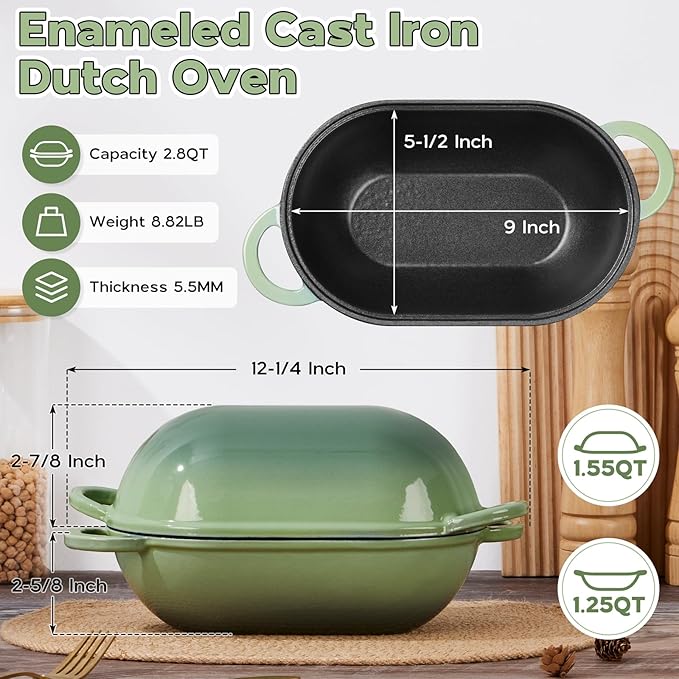 Onader Enameled Cast Iron Oval Dutch Oven for Bread Baking, 9x5-1/2 Inch Loaf Cast Iron Bread Oven Pan with Lid, 2.8QT Meatloaf Pan for Sourdough, Heavy Duty - Pistachio Green