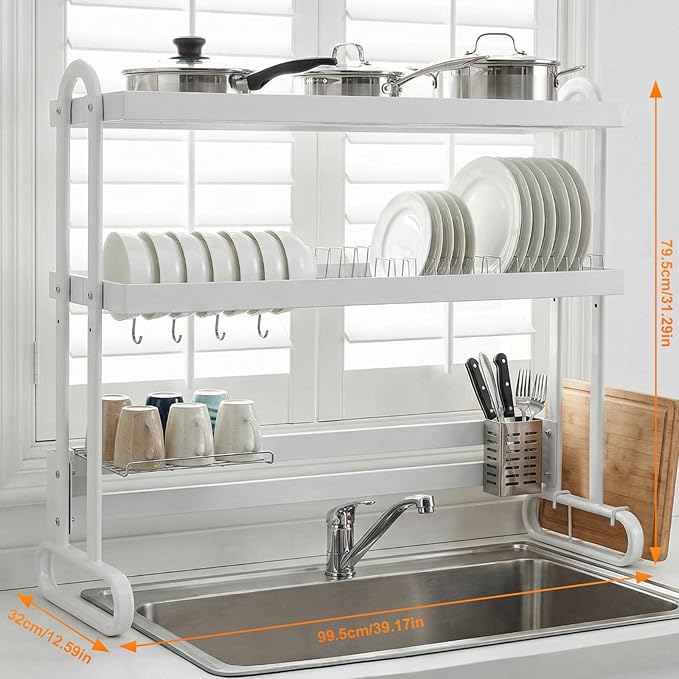 Kitchen Counter Dishrack with Utensil Holder Over Sink Dish Drying Rack Anti-Slip Thickened Sink Rack for Draining & Storing Dishes