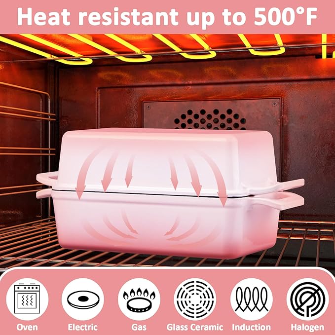 Leonyo Cast Iron Loaf Pan 2 Piece Set, 9x5 inch Enameled Cast Iron Bread Pan with Lid, 2-in-1 Homemade Sourdough Bread Dutch Oven for Pound Cake, Lasagna, Up to 500℉ & Pink
