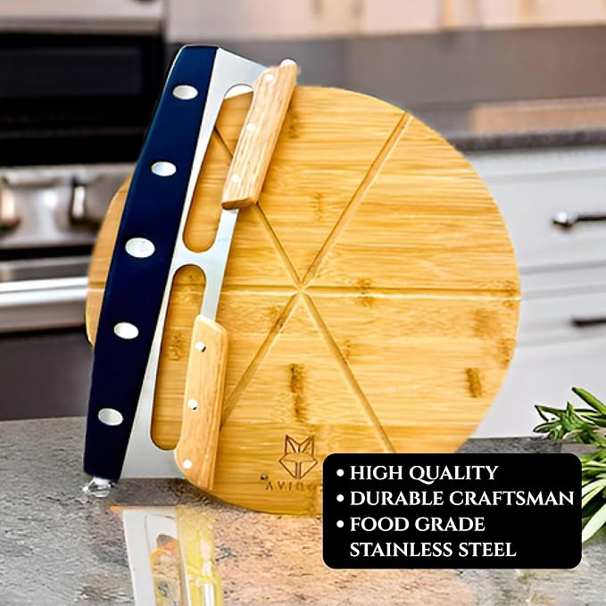 14" Dual-Grip Pizza Cutter Pizza Board | Gift Pizza Set, Best Pizza Cutter Rocker Blade, Bamboo Pizza Cutting Board, Pizza Slicer, Pizza Serving Board, Pizza Rocker Knife For Cutting Pizza Piza