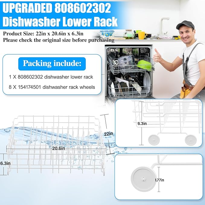 UPGRADED 808602302 Dishwasher Lower Dishrack Compatible with Frigidaire Kenmore Dishwasher Rack Replacement Parts with Wheels,808602302 154432602 Frigidaire Dishwasher Rack Parts Bottom Rack