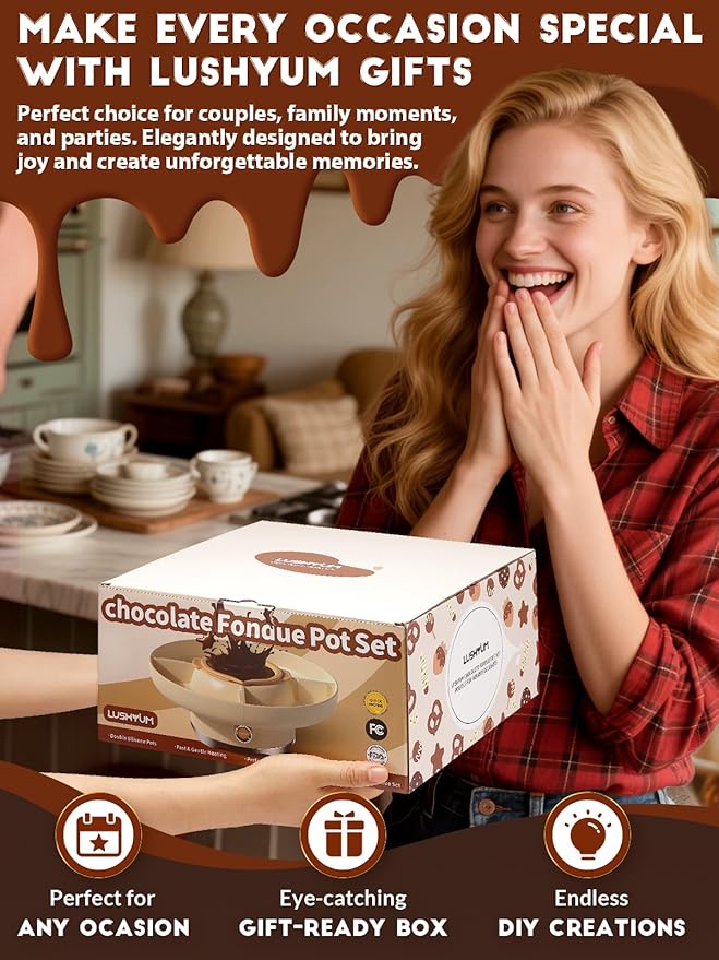 Chocolate Fondue Pot Set Electric Melting Machine, 4-Cup Capacity 4 Trays 5 Forks 1 Spatula Cheese Warmer, Ideal Gift for Couple Family & Date Night Idea House Warming Holidays Essentials