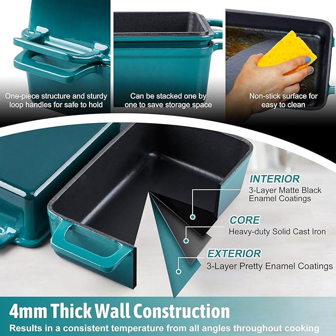 P&P CHEF 2-In-1 9 x 5 Inch Cast Iron Loaf Pan with Lid (Dark Green), Bread Loaf Pans for Baking Homemade Sourdough Bread, Meatloaf, Toast, Cake, Nonstick & Healthy & Sturdy, 2 Piece Set
