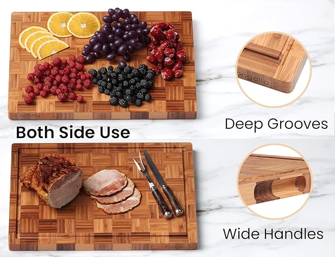 Bamboo Cutting Boards for Kitchen(Set of 3),Chopping Boards with Juice Groove,End Grain Serving Board with Holder,Bamboo Butcher Block for Meat,Vegetables,Fruit
