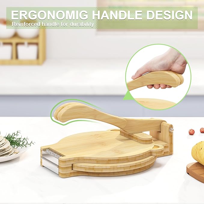 Tortilla Press 10 Inch - Bamboo Quesadilla & Roti Maker with Parchment Paper Sheets & Dough Cutter for Homemade Flour Corn Tortilla, Wood Tortillera Pataconera Tortilla Maker for Home Baking