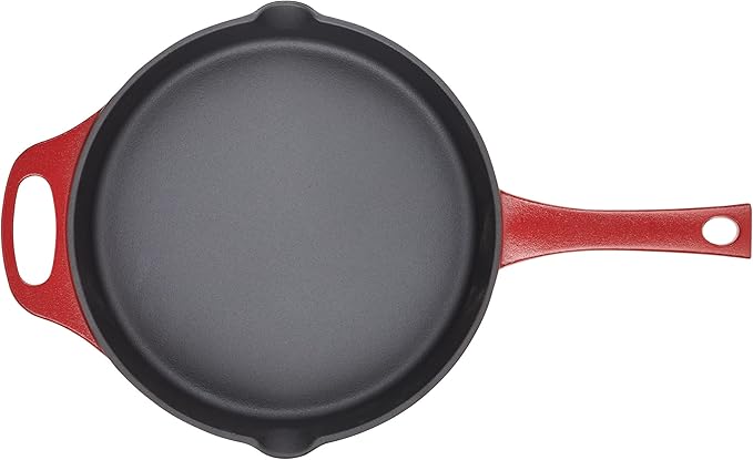 Rachael Ray NITRO Cast Iron Frying Pan/Skillet with Helper Handle and Pour Spouts, 10 Inch, Red