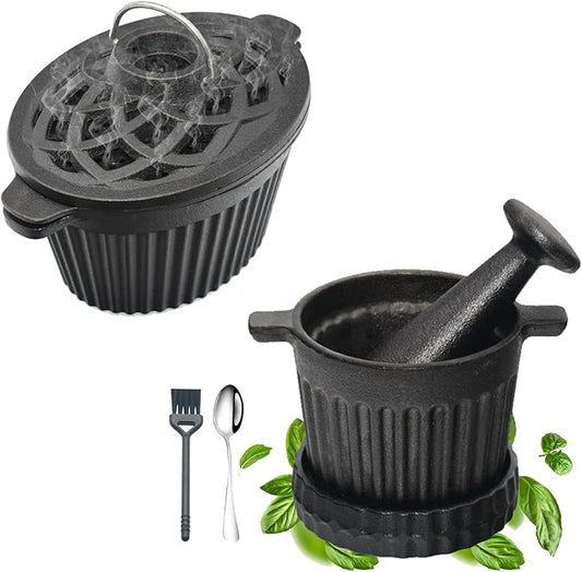 Wood Stove Steamer & Cast Iron Mortar Pestle Set Bundle - 2-in-1 Dual-Layer Humidifier with 3-Piece Grinder Kit for Steaming, Spices, Guacamole, Eco Home & Kitchen