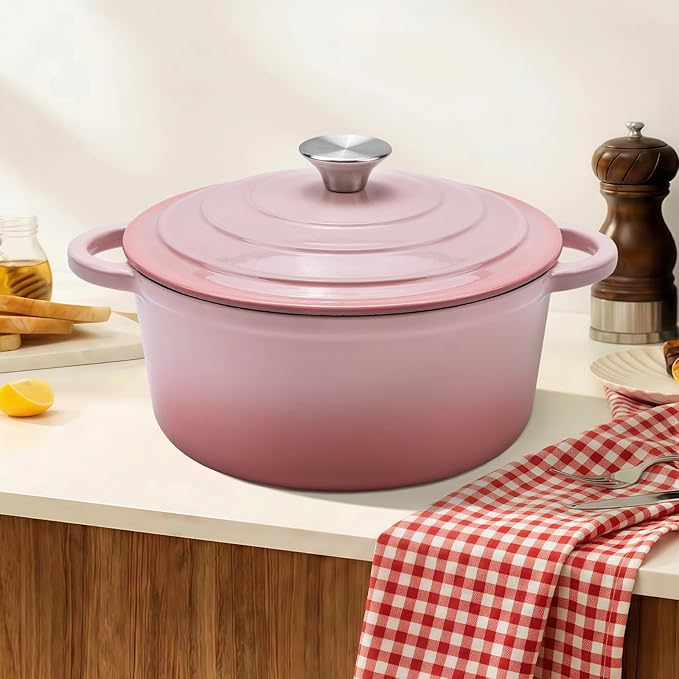 4QT Enameled Cast Iron Dutch Oven Pot with Lid,Heavy-Duty Cookware for Sourdough Bread Baking,Braising,Stews,Roasting,Oven Safe up to 500°F,pink