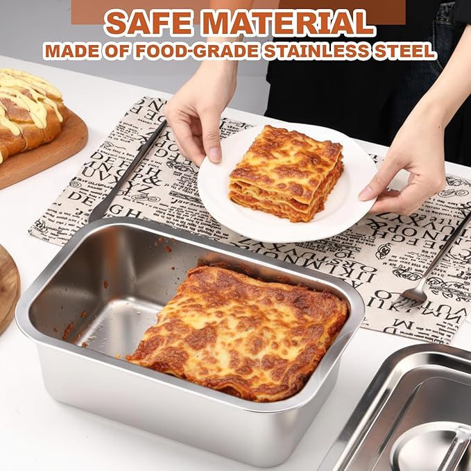 3 Pack 4 Inch Extra Deep Lasagna Baking Pan with Lid, 11"x14.2" 7.4qt & 8.6"x12.5" 4qt &11"x14.2" x 3" 5.3qt Large Stainless Steel Nonstick Lasagna Roasting Pans Set, Baking Dishes for Oven