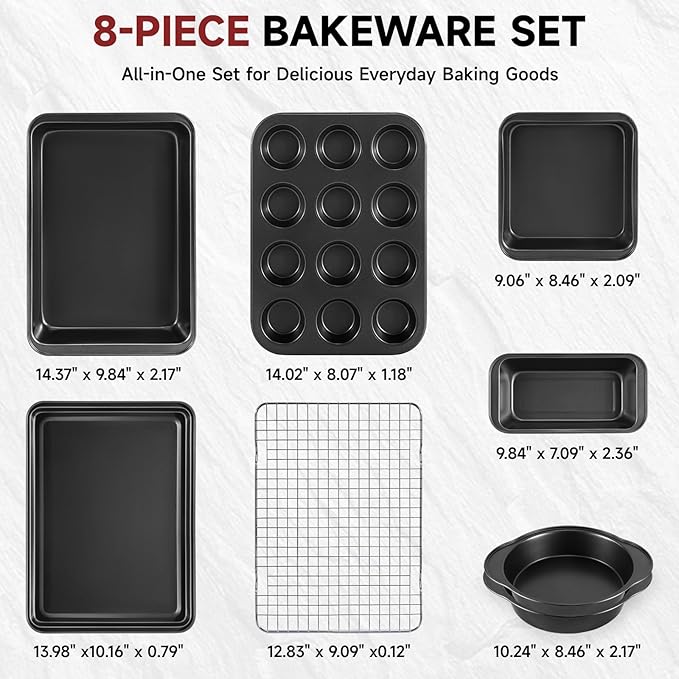 Unokit 8-Piece Nonstick Baking Pans Set - Stainless Steel Bakeware Set for Cooking, Stackable Trays with Cookie Sheets, Muffin, Cake, Loaf, Round & Square Pan and Cooling Rack, Dishwasher & Oven Safe