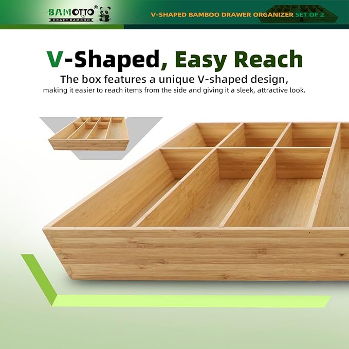 13 Slot V-Shaped Bamboo Drawer Organizer Set of 2, Extra Large Cutlery Tray - Easy Reach Flatware Silverware Utensil Storage for Kitchen (19.6"x14.6" & 19.6"x12.4")