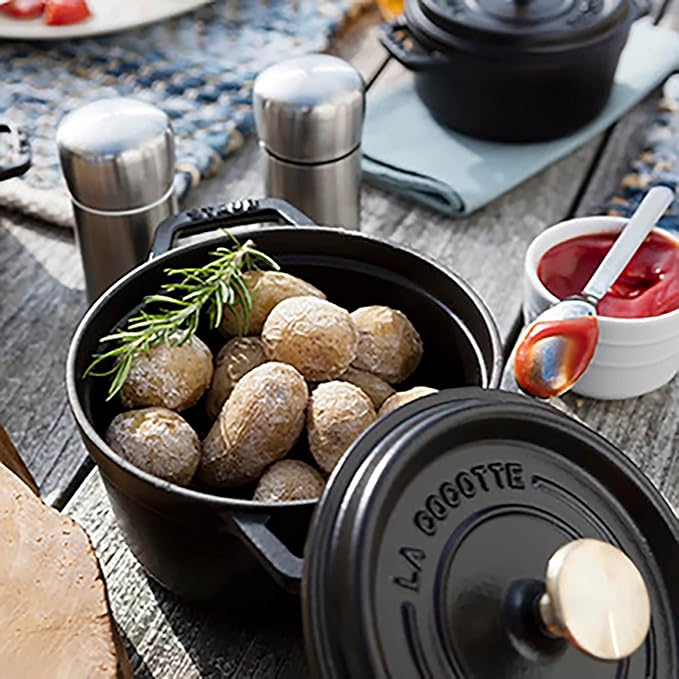 STAUB Cast Iron Dutch Oven 1.25-qt Round Cocotte, Made in France, Serves 1, Matte Black