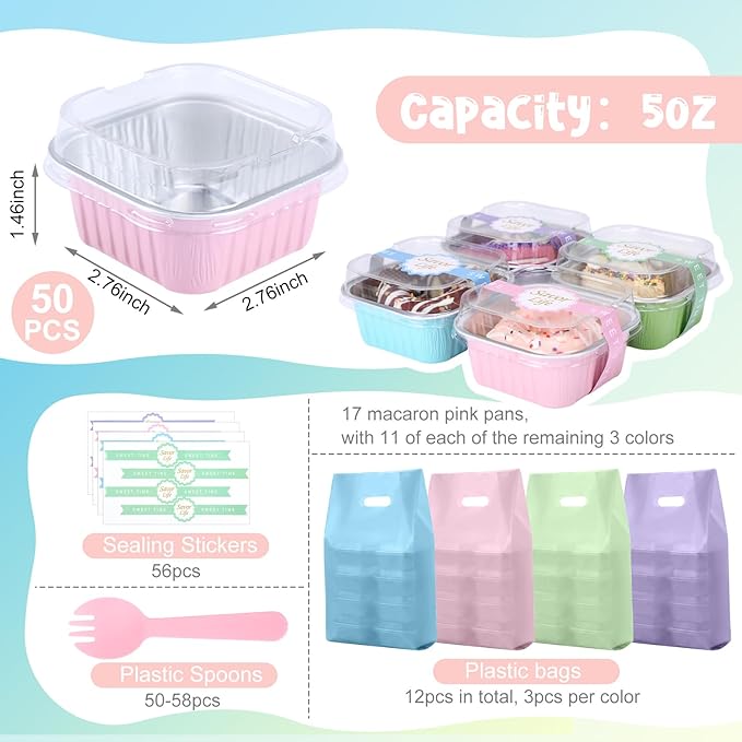 212 Pack Macaron Mini Cake Pans Set with Lids and Spoons Include 50 Macaron 5oz Disposable Aluminum Foil Baking Pans 50 Lids 50 Spoons 50 Sealing Sticker 12 Gift Bags for Dessert Cake