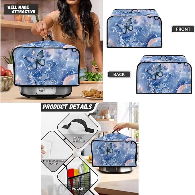 Butterfly Blue Marble 2 Slice Toaster Dust Cover (11.4 x 7.9 x 7.5 Inch),Slow Cooker Cover Blender Cover with Top Handle Crock Pot Cover Keep Appliance Clean for Christmas Decor Set