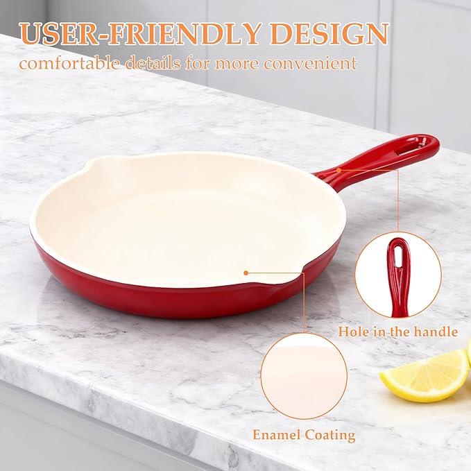 Hisencn Cast Iron Skillets,10.2 Inch Ceramic Frying Pan,Nonstick Frying Pan Without PFAS & PTFE & PFOA,Dishwasher & Oven Safe,Enameled Cast Iron Skillet For Gas/Electric Stovetop