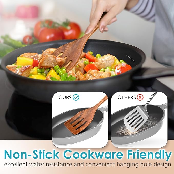 Wooden Spoons for Cooking, Premium Acacia Wood Kitchen Utensil Set, Handmade Wooden Utensils for Nonstick Cookware, Heat Resistant, Smooth Finish, Comfortable Grip, with Holder, Gift Ready