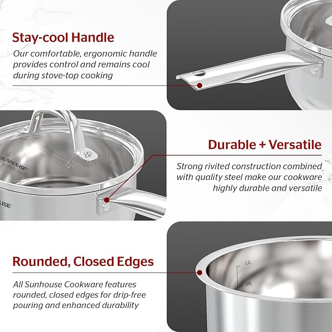 Sunhouse – 2 Quarts Stainless Steel Sauce Pan with Lid - PFOA-FREE, Stainless Steel Sauce Pan, Advanced Impact Bonding Induction Base, Stay-Cool Handle, Compatible with All Cooktops