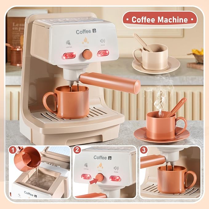 Kids Assorted Kitchen Appliance Play Toys Includes Coffee Maker ,Blender,Fruit Machine and Toaster ,Apron and Cups,with Realistic Lights& Sounds,Learning Gift for Toddlers Baby Girls Boys