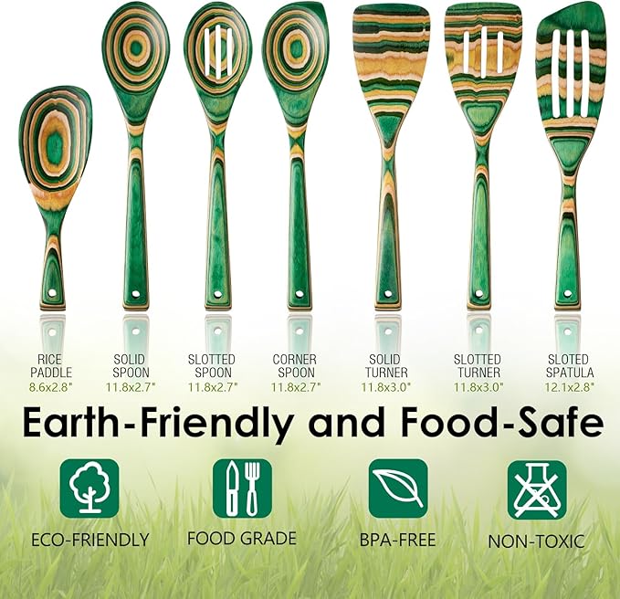 Wooden Spoons for Cooking, Pakkawood Kitchen Utensil Set Oasis Color, Premium Durable Wooden Utensils for Nonstick Cookware, Heat Resistant, Smooth Finish, Comfortable Grip, 7 Piece