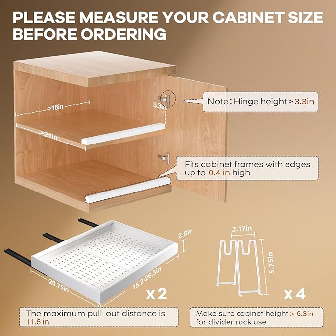 2 Pack Pull out Cabinet Organizer 21" Deep With Raising Pad for Framed Cabinets,Expandable (15.2"-26.3"W) Slide out Drawers for Kitchen Cabinets with 4pcs Divider Racks,Roll out Shelves,White