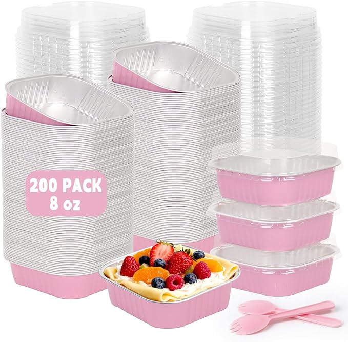 200 Pack 8 oz Pink Square Mini Cake Pans with Lids, Aluminum Foil Square Brownie Baking Cups for Ramekins Muffin Cupcake Wedding Birthday Party