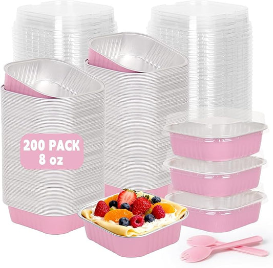 200 Pack 8 oz Pink Square Mini Cake Pans with Lids, Aluminum Foil Square Brownie Baking Cups for Ramekins Muffin Cupcake Wedding Birthday Party