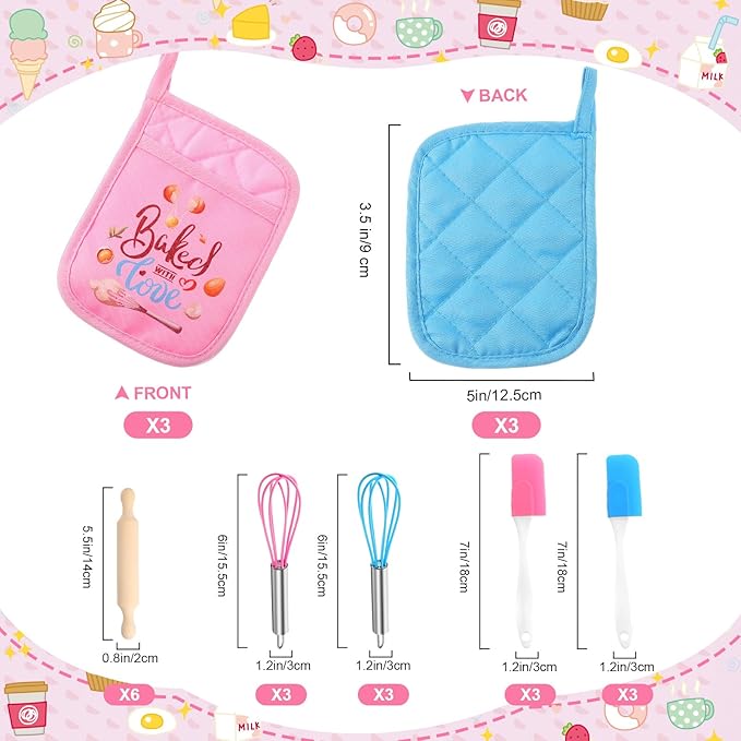 24 Pcs Kids Mini Baking Supplies with Kitchen Utensil, Pot Holders, Spatula, Rolling Pin, Whisk for Kids Classroom School Exchange Party Favors (Small)