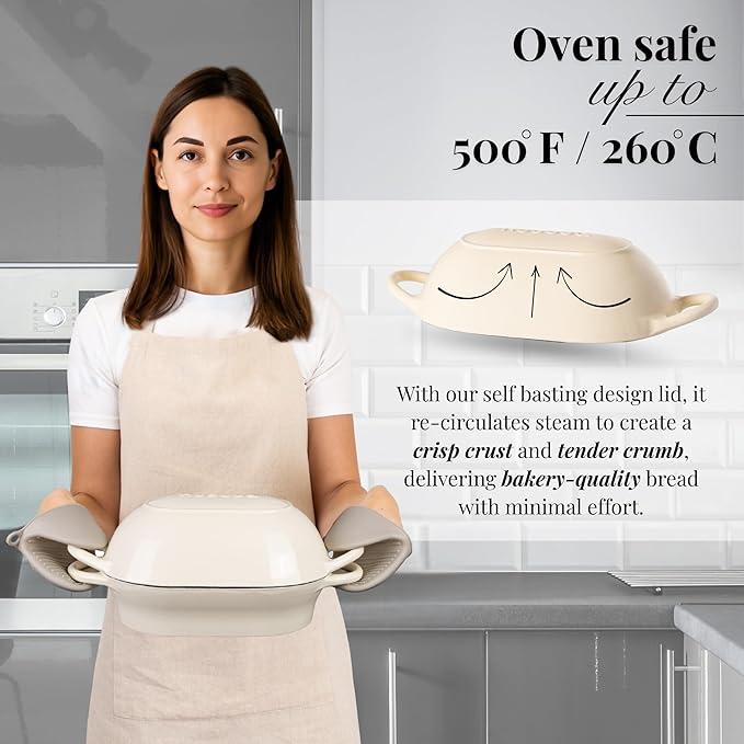 Dutch Oven For Sourdough Bread Baking – Enamelled Cast Iron Bread Loaf Pot – Oven Safe Non Stick Bread Pot – Rectangular, Cream, 24cm x 16cm – by Nuovva