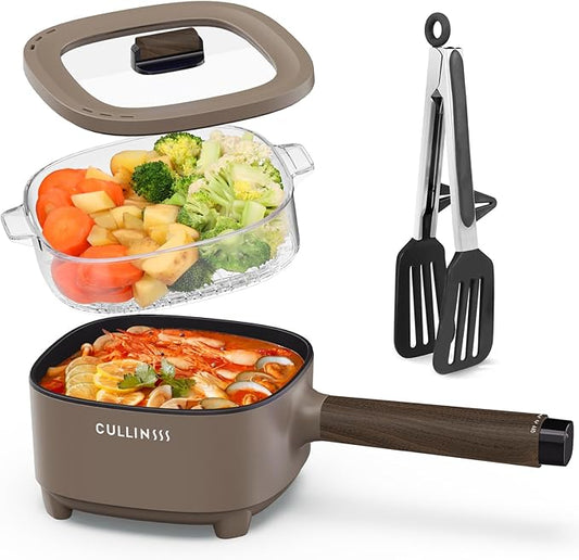 2L Hot Pot Electric with Steamer, Portable Electric Pot with Upgrade Titanium Nonstick Coating for Dorm, Office, Travel, Multi Cooker Pot for Ramen, Soup, Oatmeal (Tongs Included)