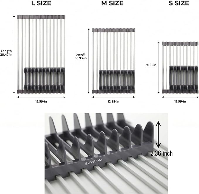 Aluminum Roll Up Dish Drying Rack Over Sink - Supports up to 55 lbs | Heavy Duty Square Bar | Rust-Free Anodized & Heat Resistant Cooling Rack with Removable Dish Holder (Purple Gray, Medium)