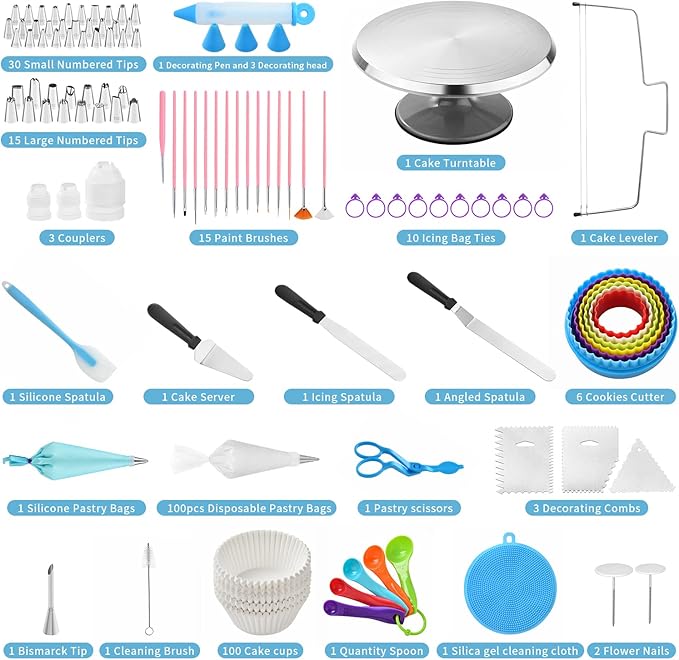 300 PCS Cake Decorating Kit, Cake Decoration Supplies, Baking Accessories Tools Set, Cake Turntable Stand Frosting Piping Bags Icing Tips Nozzles Spatulas Smoothers Cookie Cutters Cupcake Muffin Cups