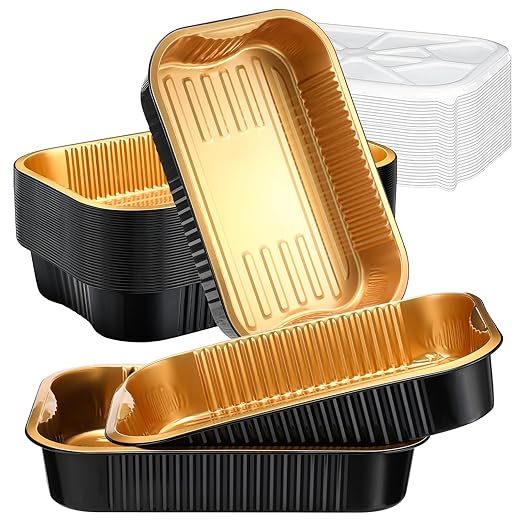 Baderke 30 Set 9x13 Heavy Duty Aluminum Pans with Lids Double Thick Aluminum Foil Baking Pan Food Container for Heating Cooking Meal Prep Storage Freezer and Takeout (Black Gold)