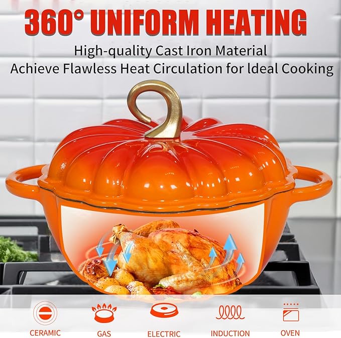 Pumpkin Enameled Cast Iron Dutch Oven with Lid, 4.5 QT Heavy Duty and Dual Handles Pot, Serves 3-5 and Oven Safe for Bread Baking, Braising, Cooking Soup and Family Gifts, Orange