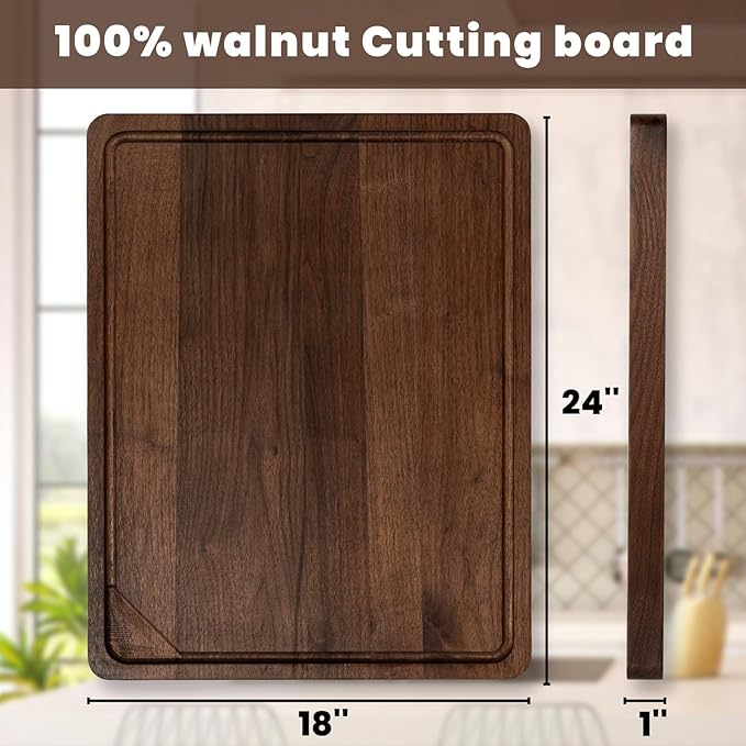 Heimlove Walnut Wood Cutting Board for Kitchen, 24"x18" Reversible Wooden Chopping Board with Deep Juice Grooves and Handles, Natural Walnut Wood Cutting Board for Chopping, Cheese, Vegetables