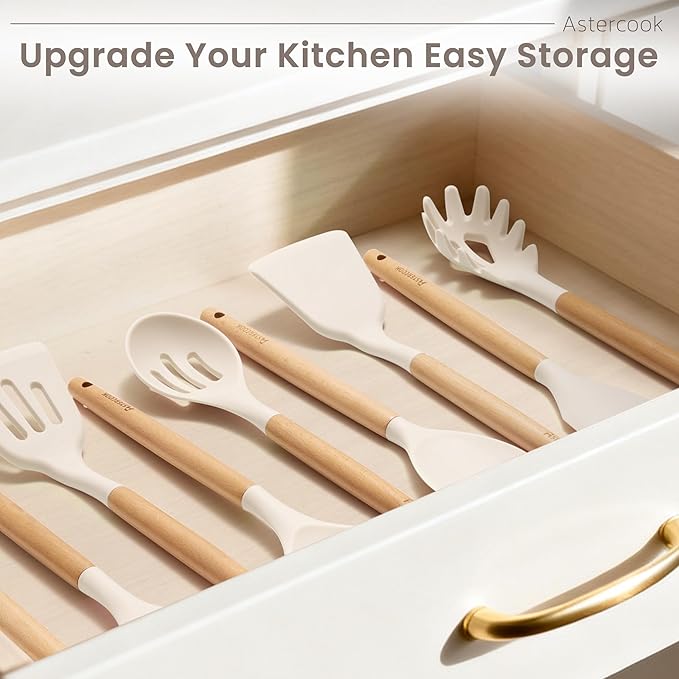 Astercook Silicone Cooking Utensils Set, 38 PCS Kitchen Utensils Set for 446°F Heat Resistant, Food Grade Utensil Sets with Wooden Handle, Kitchen Gadgets for Nonstick Cookware BPA Free (White)