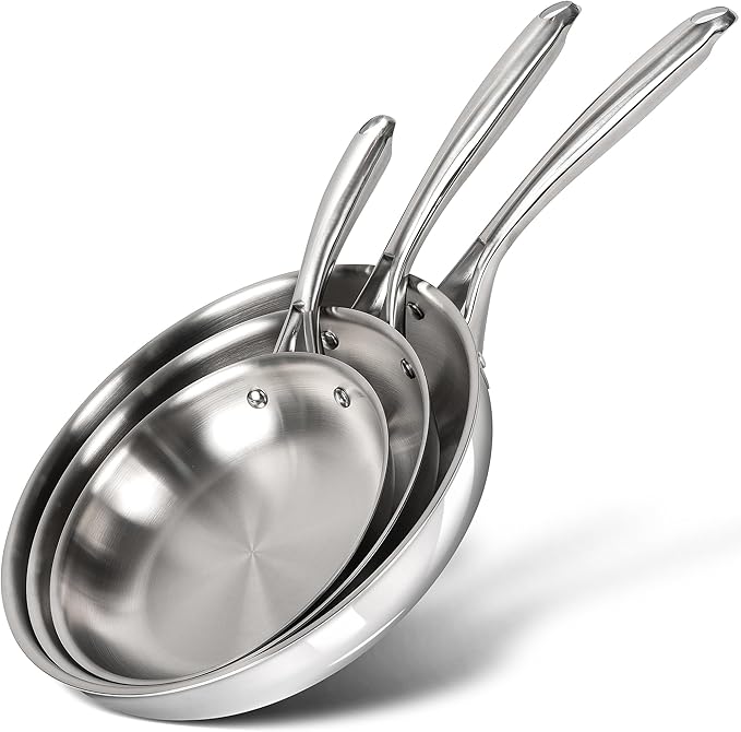 MICHELANGELO Tri-Ply Stainless Steel Frying Pan Set, 8" 9.5" 11" Skillets, Full Clad Stainless Steel Pans for Even Heating, Durable Cooking Pan Set for Home Chefs & Everyday Cooking