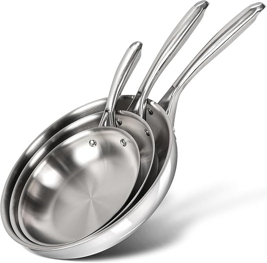 MICHELANGELO Tri-Ply Stainless Steel Frying Pan Set, 8" 9.5" 11" Skillets, Full Clad Stainless Steel Pans for Even Heating, Durable Cooking Pan Set for Home Chefs & Everyday Cooking