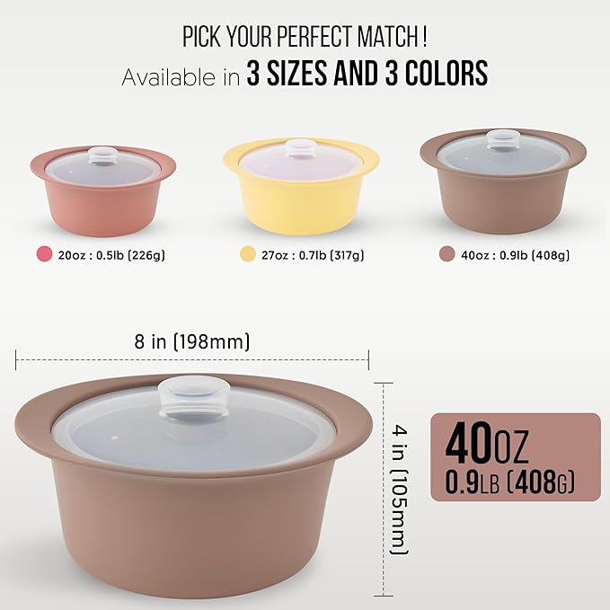 40oz Platinum Silicone Microwave Steamer Pot with Handle & Lid - Korean 100% Food-Grade Steamer Bowl, Heat-Resistant Cooker with Steam Holes, Easy Clean, Dishwasher Safe, Taupe Brown