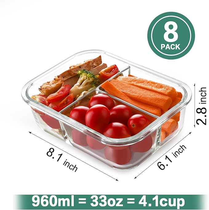 HOMBERKING 8 Pack Glass Meal Prep Containers 3 Compartment, 33oz Glass Food Storage Containers with Lids, Airtight Lunch Bento Boxes, BPA-Free & Leak Proof (Set of 8) - White