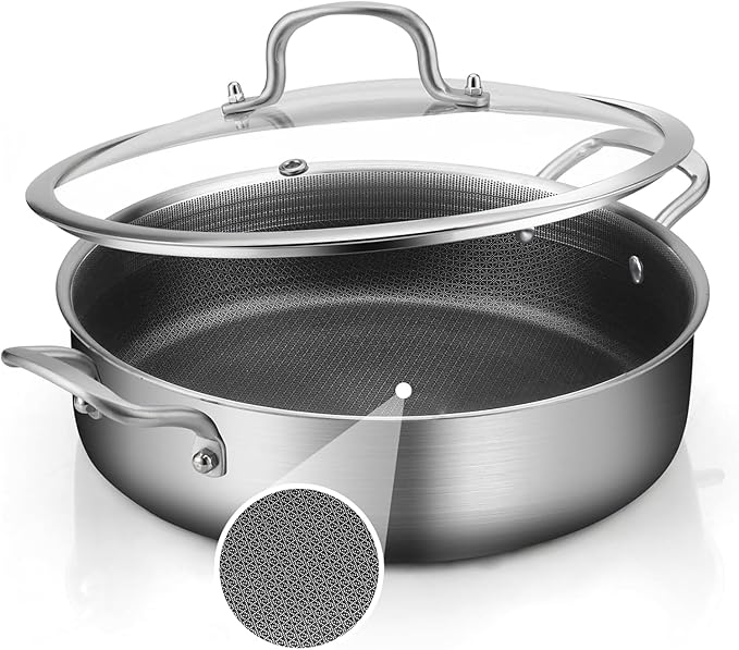 Tri-Ply Stainless Steel 6 Quarts Saute Pan, 12 Inch Nonstick Skillet with lids, Hybird Large Frying Pan,18/10 Chef's Cooking Pan, Induction Pan 12"", Dishwasher and Oven Safe, Silver
