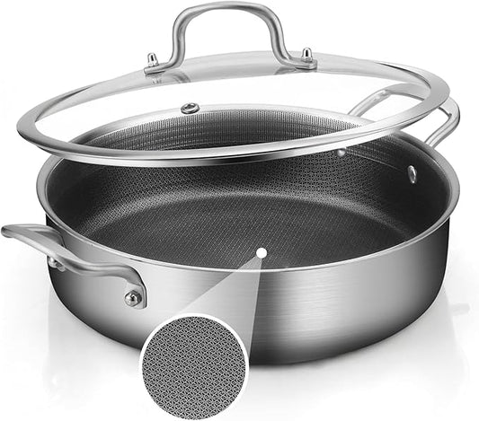 Tri-Ply Stainless Steel 6 Quarts Saute Pan, 12 Inch Nonstick Skillet with lids, Hybird Large Frying Pan,18/10 Chef's Cooking Pan, Induction Pan 12"", Dishwasher and Oven Safe, Silver