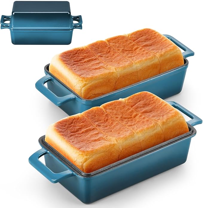 Leonyo 2 Pack Cast Iron Bread Pan with Lid, 2-in-1 Enameled Cast Iron Loaf Pan, 9 x 5 inch Sourdough Baking Pan, Homemade Bread Dutch Oven for Pound Cake, Lasagna, Up to 500℉ & Blackish Green